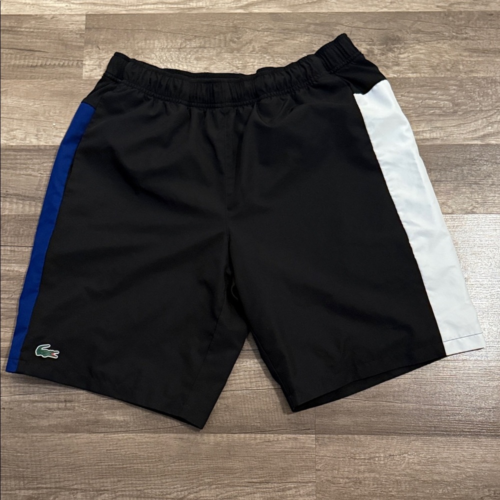 Lacoste Black Shorts with Blue and White Stripes